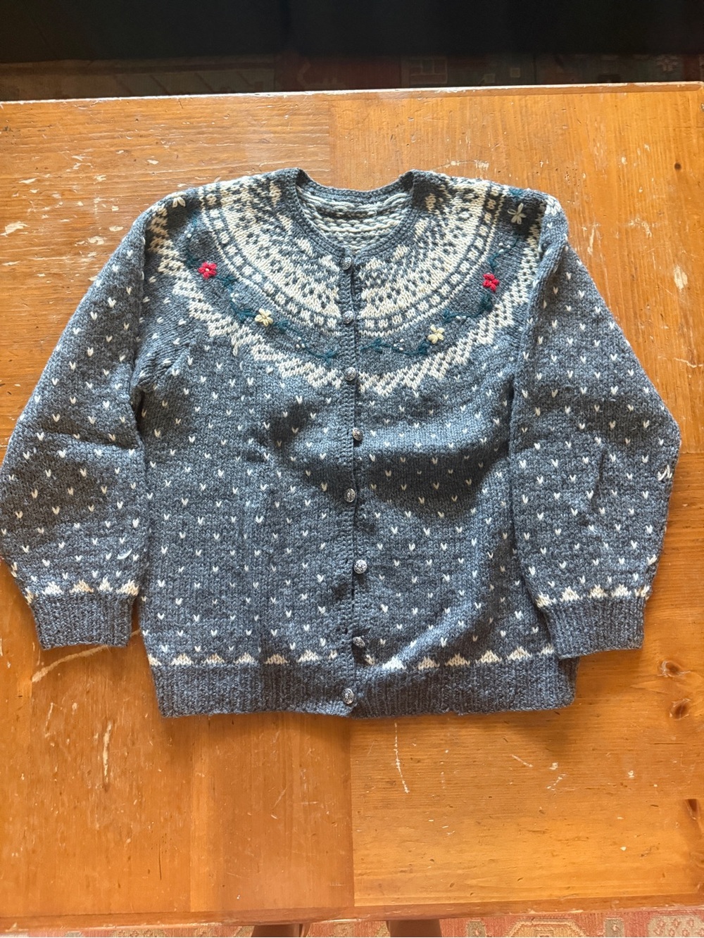 Vintage Gray Wool Nordic Yoke Cardigan with Cream and Red Accents